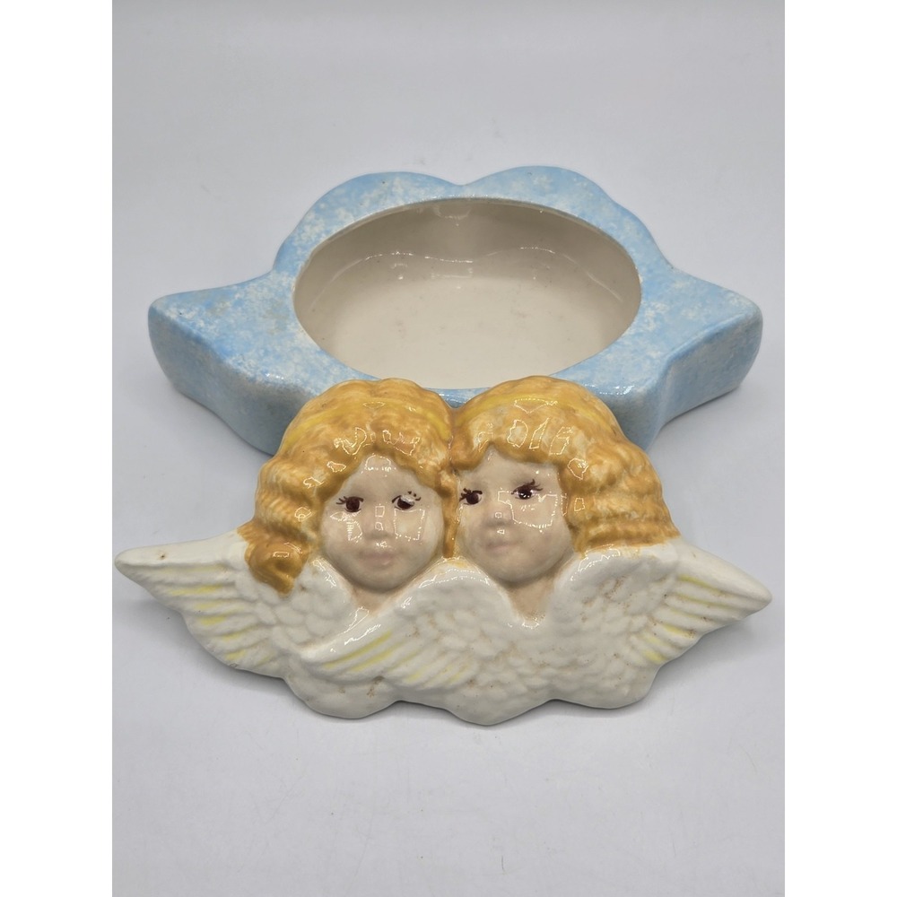 Vintage Ceramic Double Cherub Angel Trinket‎ Box Blue Cloud Covered Dish